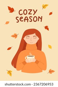 Poster with girl in warm knitted sweater holding cup of tea or coffee, autumn leaves. Template for card, poster, flyer, banner. Vector illustration
