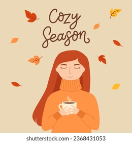 Poster with girl in warm knitted sweater holding cup of tea or coffee, autumn leaves. Template for card, poster, flyer, banner. Vector illustration