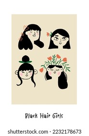 Poster with girls portraits with dark hair. Romantic girls faces. Womens day poster.