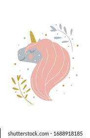 Poster for girls with unicorn. Cute hand drawn vecor illustration for baby. Card, print, clipart with a white background