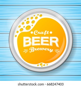 Poster with a glass of beer on blue wooden background. Vector.