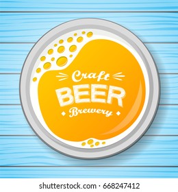 Poster with a glass of beer on blue wooden background. Vector.