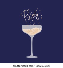 Poster with a glass of champagne. A party on the occasion of a special event with a sparkling drink. Cocktail alcoholic drinks for your design on dark. Vector illustration