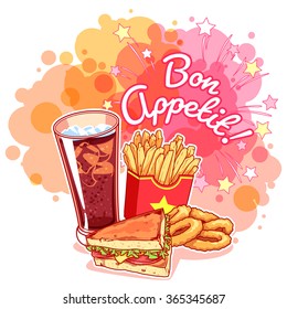 Poster with glass of cola, french fries, sandwich, onion rings and inscription "Bon Appetit!". Delicious fast-food on the bright pink background. Vector cartoon illustration.