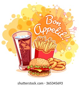 Poster with glass of cola, french fries, hamburger, onion rings and inscription "Bon Appetit!". Delicious fast-food on the bright yellow background. Vector cartoon illustration.