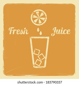 poster with a glass with ice and orange with juice drops vector background with retro effect