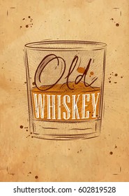 Poster glass lettering old whiskey drawing on craft background