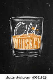 Poster Glass Lettering Old Whiskey Drawing With Chalk And Color On Chalkboard Background