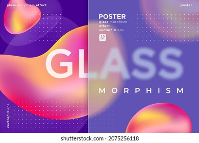 Poster in the glass morphism style. Translucent, frosted glass and abstract amorphous shapes. Place for your text.