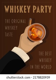 Poster with a glass of whiskey in hand. Vector whisky vintage promo poster. Vintage gentlemen club advertising template with male hand holding glass of whiskey and ice cubes vector illustration