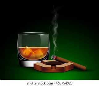 Poster with glass of whiskey with ice cubes, ashtray and cigar.