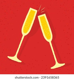 Poster with glasses of champagne clinking. Vector flat illustration with texture. Celebrating the event. Sparkling wine in a glass with a stem. Mimosa