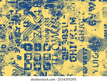 Poster with glitch distorted grungy  textures . Cyber punk collection of textures with halftone dots, glitched shapes, textures and lines .Screen print vector backgrounds