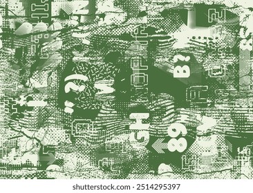 Poster with glitch distorted grungy  textures . Cyber punk collection of textures with halftone dots, glitched shapes, textures and lines .Screen print vector backgrounds