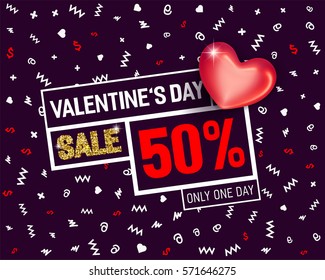 Poster with glitter golden effect and red glossy heart for Valentines Day sale and discount. 50% off.
