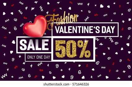 Poster with glitter golden effect and red glossy heart for Valentines Day sale and discount. 50% off.