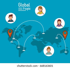 poster of global people with blue background with map of the world and map pointer route