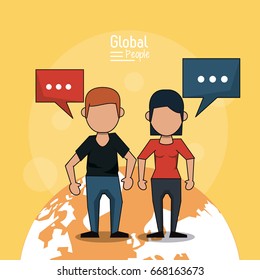 poster of global people with light orange background with faceless couple over planet earth and text dialogues