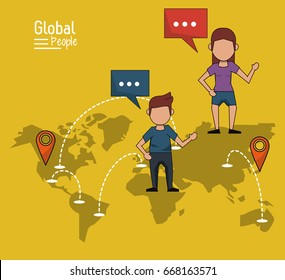 poster of global people with yellow background with map of the world and map pointer route and communications networks