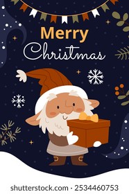 Poster of a gnome holding a gift in a Christmas winter atmosphere.