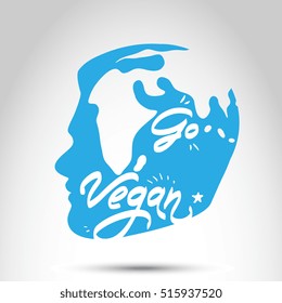 Poster "Go Vegan" with abstract human head silhouette logo. Vector isolated illustration