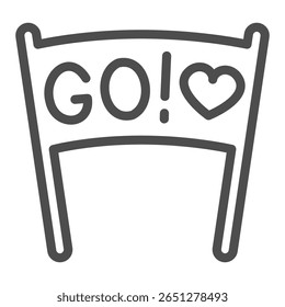 Cartaz com GO palavra e ícone da linha do coração, conceito de esporte. Gráficos vetoriais. Banner de fã da equipe de esporte, sinal de atributo divertido no ícone de estilo de contorno de fundo branco para design móvel ou web