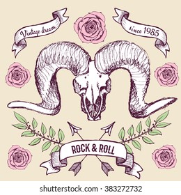 Poster with goat's skull, ribbons and roses in vintage style, vector