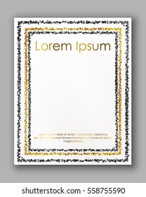 Poster with gold, black silver confetti, sparkles, glitter frame and space for text on white background. Vector illustration. Elements for banner, design, logo, card, web, invitation, business, party.