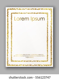 Poster with gold confetti, sparkles, glitter golden frame and space for text on white background. Vector illustration. Elements for banner, design, logo, card, web, invitation, business, party.