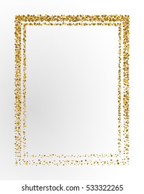 Poster with gold confetti, sparkles, golden glitter frame and space for text on white background. Vector illustration. Elements for banner, design, logo, card, web, invitation, business, party.