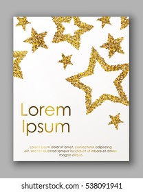 Poster with gold confetti, sparkles, golden glitter frame and space for text on white background. Vector illustration. Elements for banner, design, logo, card, web, invitation, business, party.