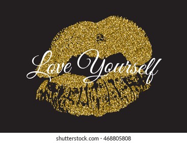 Poster with gold glitter lips prints on black background.