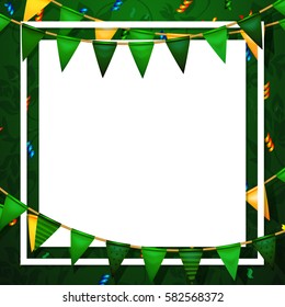  poster with gold and green festive  flags and confetti .  Party invitation