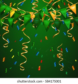 poster with gold and green  festive  flags and confetti .  Party invitation