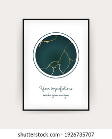 Poster mit goldenem Kintsugi auf dunkelgrünem Hintergrund. Rack und kaputte Effekte. Marmor-Struktur. Luxuriöses Design für Wandkunst, Tapete, Hochzeitskarte, soziale Medien. Moderne Vektorgrafik.