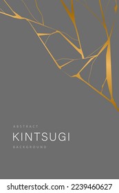 Poster with gold kintsugi on gray background. Crack and broken effects. Marble texture. Luxury design for wall art, wallpaper, wedding card, social media. Modern vector illustration. Japanese style.