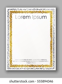 Poster with gold, silver confetti, sparkles, glitter frame and space for text on white background. Vector illustration. Elements for banner, design, logo, card, web, invitation, business, party.