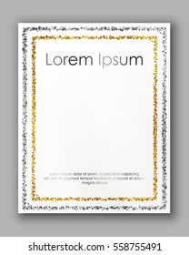 Poster with gold, silver confetti, sparkles, glitter frame and space for text on white background. Vector illustration. Elements for banner, design, logo, card, web, invitation, business, party.