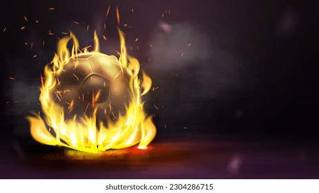 Poster with gold soccer ball in flame on black smoke background. Sport poster for your creativity