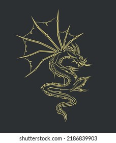 Poster of a gold wyvern on the black background for the series House of the Dragon - prequel Game of Thrones. Black dragon with gold outline as print or pattern for design accessories or clothes.