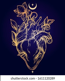 Poster with golden blooming human's heart in the night, crescent and stars, sacral symbol of love, can be used for tattoo or for medicine, vector illustration