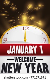 Poster with golden clock and loose-leaf calendar welcoming the New Year with a fireworks display.