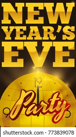 Poster with golden disco ball like a clock pointing to midnight starting the New Year's Eve party.
