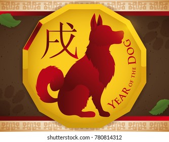 Poster with golden dodecagon medal with puppy inside over ground with paws footprints and leaves, representing the element earth for Chinese Year of the Dog (written in Chinese calligraphy).