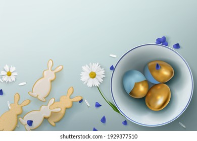 Poster with golden eggs in a ceramic bowl with flowers and cookies in the form of hares on the background. Easter decoration on a blue background.