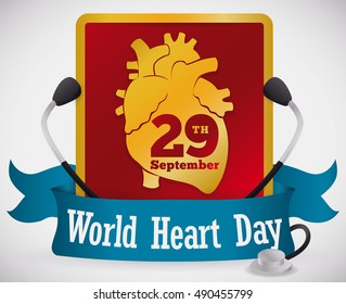 Poster with golden frame and human heart silhouette with reminder date of World Heart Day decorated with a blue ribbon and a stethoscope.