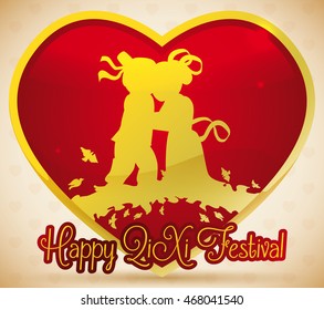 Poster with a golden heart and inside a in love couple hugging over a bridge of birds, celebrating Chinese traditional tale in Qixi Festival.