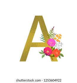 Poster with golden letter A. Floral botanical flowers. Decorative alphabet vector font with bouquet on white background. Textile and cards design.
