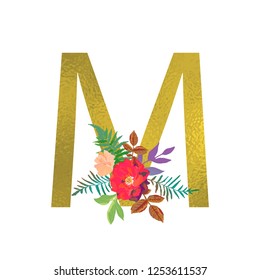 Poster with golden letter M. Floral botanical flowers. Decorative alphabet vector font with bouquet on white background. Textile and cards design.