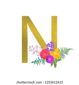 Poster with golden letter N. Floral botanical flowers. Decorative alphabet vector font with bouquet on white background. Textile and cards design.